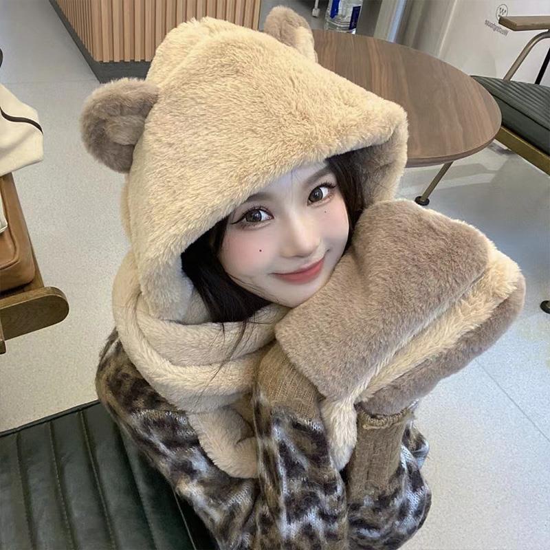 Mũ Trùm Đầu Kèm Khăn Choàng Cổ Và Găng Tay Bằng Vải Bông Dày Chống Lạnh Hình Tai Gấu Dễ Thương Phong Cách Hàn Quốc