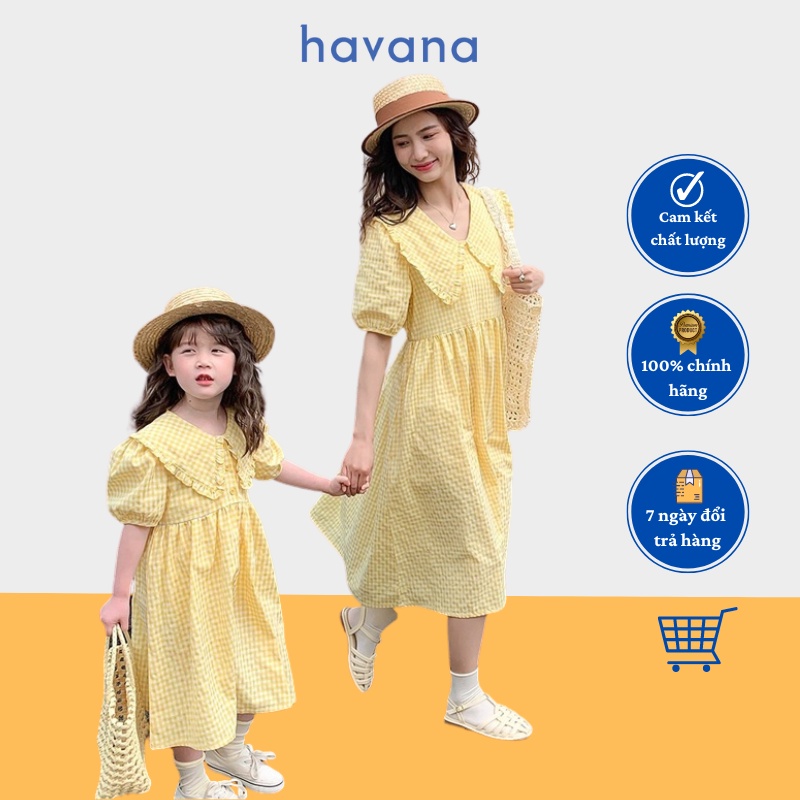 Set váy đôi vàng tươi họa tiết kẻ ca rô tay bồng dành cho mẹ và bé Váy xinh chất lượng cao