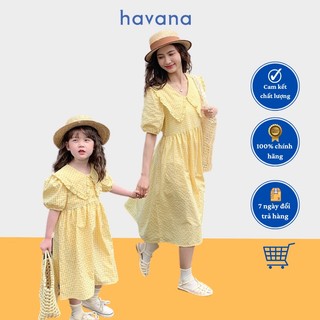 Set váy đôi vàng tươi họa tiết kẻ ca rô tay bồng dành cho mẹ và bé Váy xinh chất lượng cao