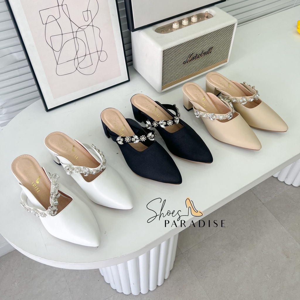 Giày cao gót mũi nhọn nữ 5p giay sục quai đá slingbank bít mũi đế vuông 5 phân shoes paradise L067