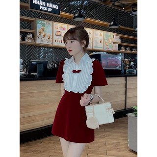 Đầm nhung phối cổ nơ trắng bèo đen - đỏ