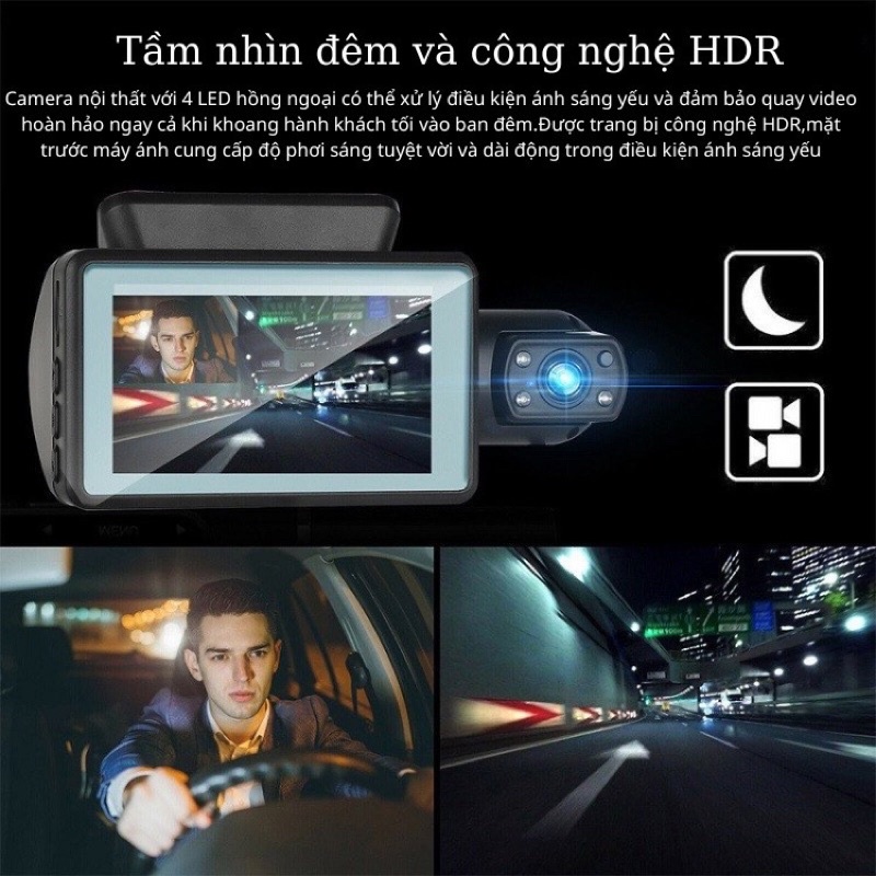 Camera hành trình ô tô 360 độ, 2 camera ghi âm ghi hình 1080P hồng ngoại ban đêm siêu nét, màn hình 3inch