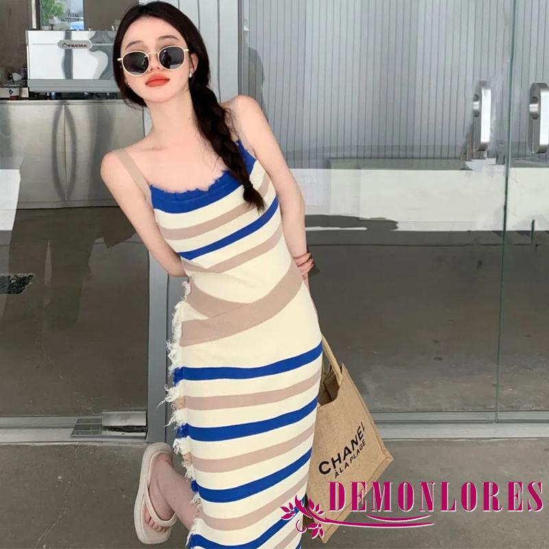 Đầm Dài Dệt Kim Không Tay Họa Tiết Kẻ Sọc Thời Trang Mùa Hè Dành Cho Nữ