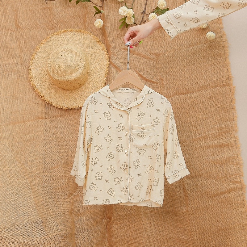 Bộ đồ ngủ mặc nhà cho bé  MOMOJAMA bộ pijama dài tay quần dài chất thô gingham đồ bộ mặc nhà thanh lịch cho bé