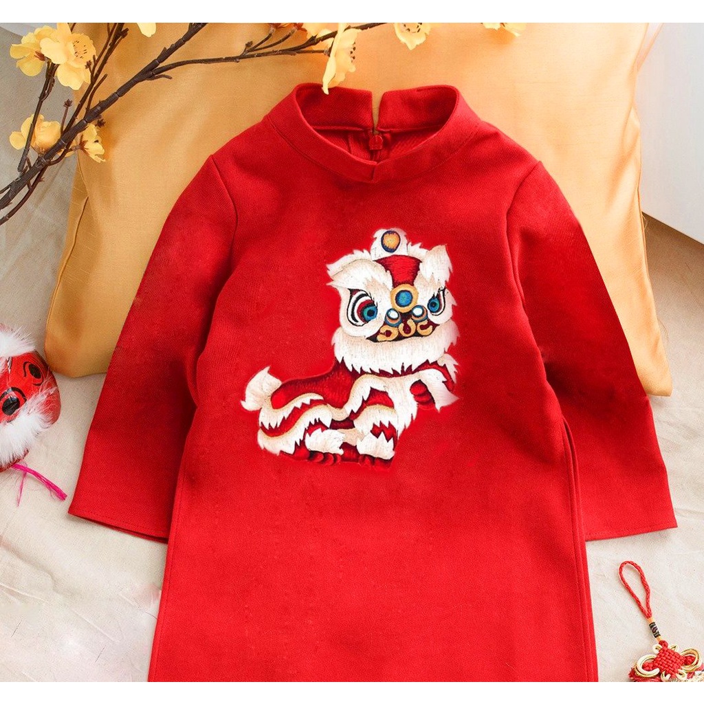 Áo dài cách tân thêu kỳ lân cho bé trai, chất liệu đũi  cao cấp, áo dài tết đủ size 2 3 4 5 67 8 9