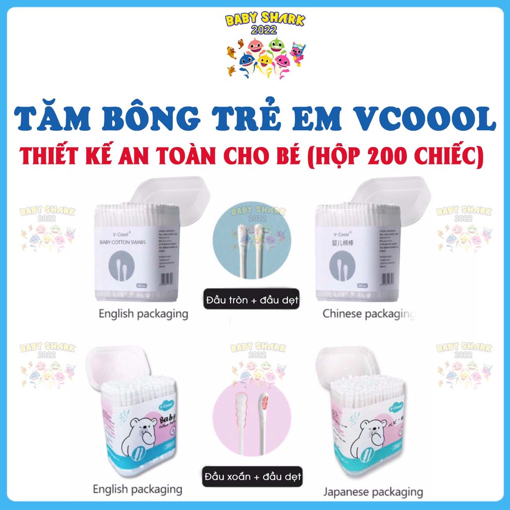 Tăm bông cho bé sơ sinh Vcoool, tăm bông trẻ em kháng khuẩn ( hộp 200 que lõi giấy)