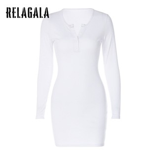 RelaGala Thời Trang Nữ Màu Trơn Gợi Cảm Cổ Chữ V Dài Tay Ôm