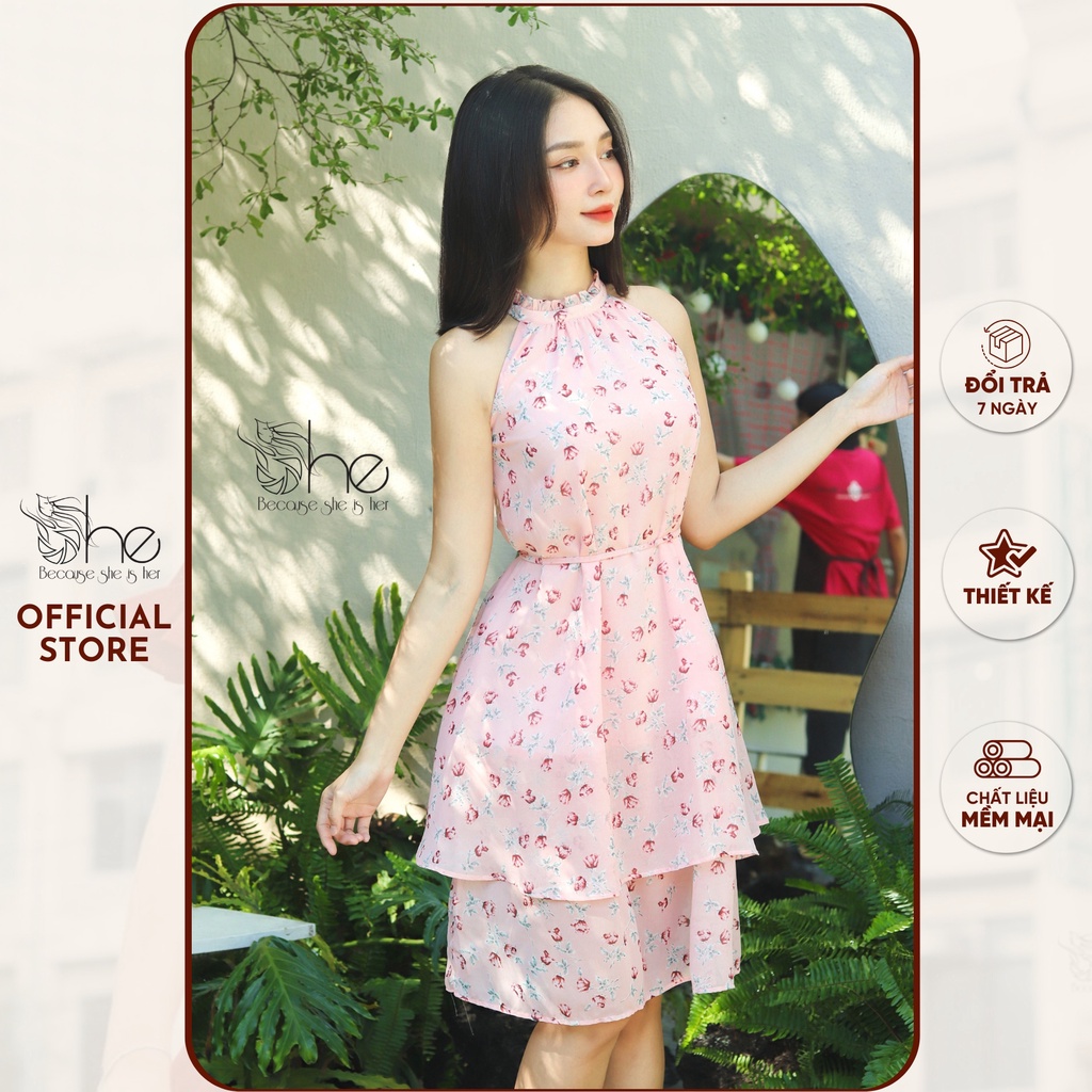 Váy nữ yếm xòe hoa nhí dễ thương She,đầm nữ voan 2 tầng tặng turban đi biển SDX98