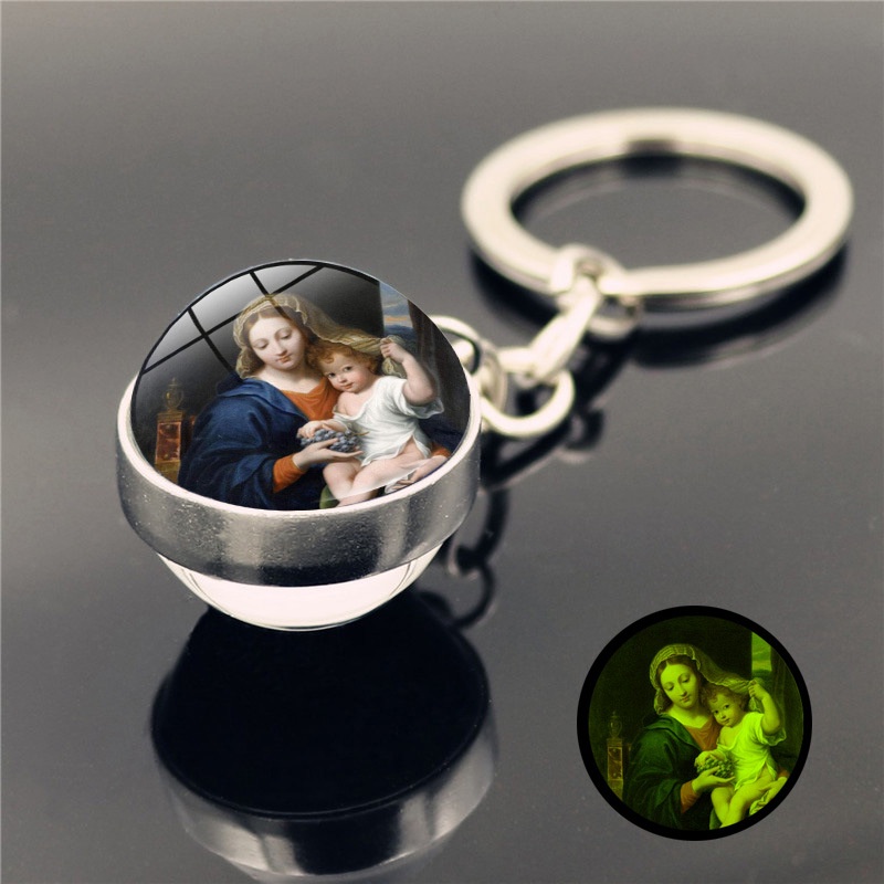 Móc Khóa Quả Cầu Thủy Tinh Cabochon Hai Mặt Phát Sáng Trong Bóng Tối In Hình Chúa Jesus