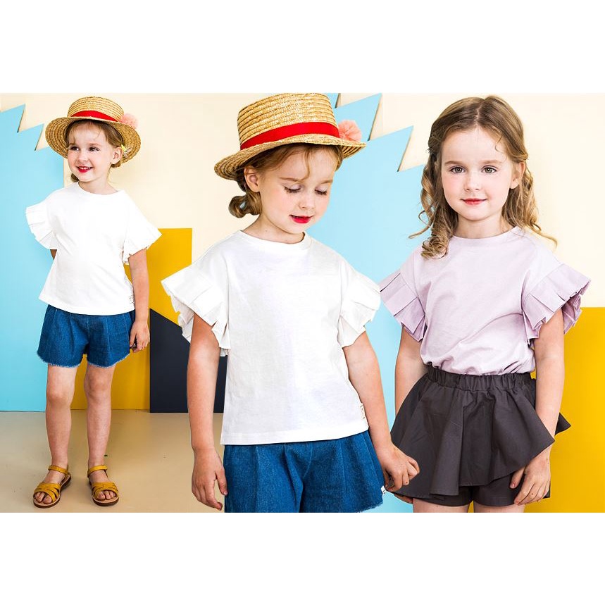 Áo thun cotton bé gái Petite Mieux thương hiệu Hàn Quốc tay ngắn xếp li màu trắng và màu hồng MOM& BABY DMEBT52
