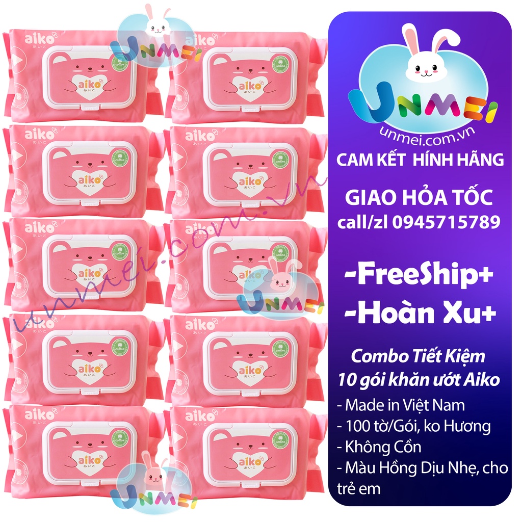 [HCM] 10 Gói Khăn Ướt Không Mùi Aiko Xanh - Hồng 100 tờ/Gói