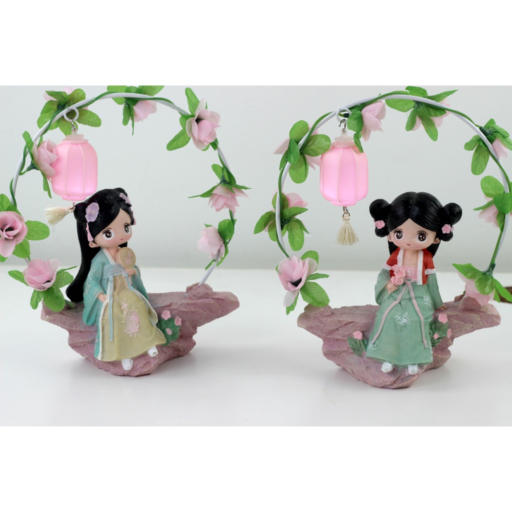 Tượng thiếu nữ cổ trang ngồi chơi dưới đèn,  tượng 3D sinh động. (Hàng Sẵn TP.HCM)