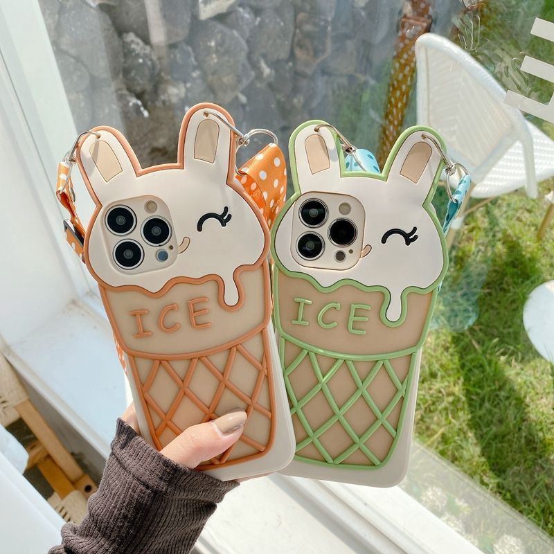 For Reno 10 Pro+ OPPO A58 A38 A98 A78 A18 A17 A17K A74 A95 A96 A76 A16 A54 A15 A53 A52 A92 A91 A93 A31 A5 A9 2020 A7 A12 A5S F11 F9 Ốp Điện Thoại Cho Cute three-dimensional rabbit ice cream with string