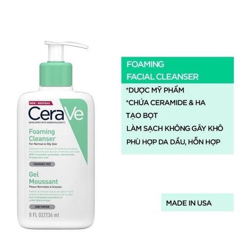 Sữa Rửa Mặt CeraVe Foaming Cleanser For Normal To Oily Skin Gel Moussant Dịu Nhẹ Cho Da 473ml