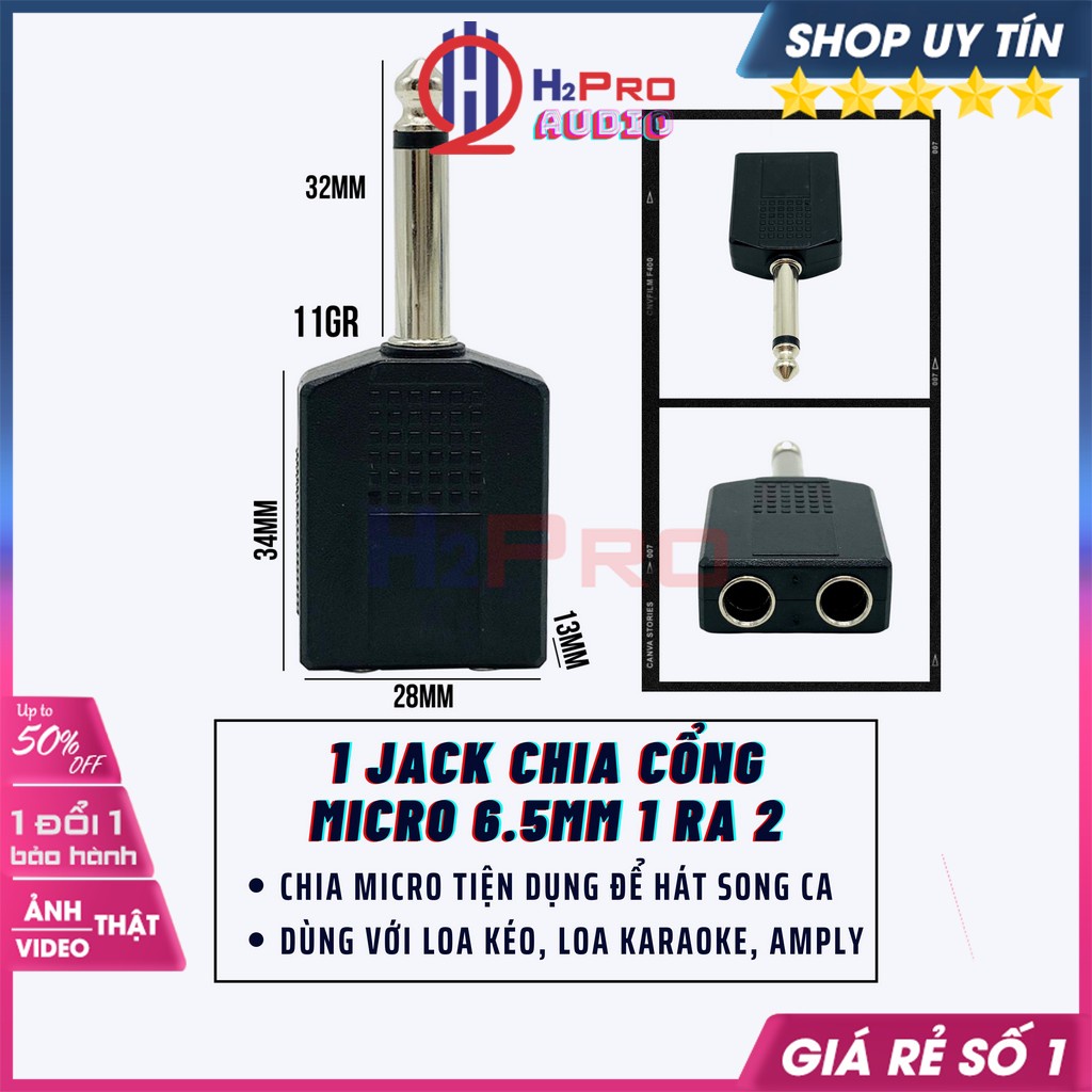 Jack Chia Cổng Micro 6.5Mm (6Ly) 1 Đầu Đực Ra 2 Đầu Cái Cao Cấp, Jack Chia 2 Đầu Micro Chân 6 Ly Hát Song Ca-H2Pro Audio