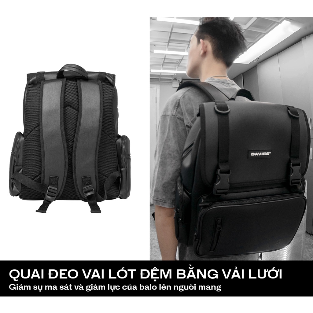 Balo đi học da nam nữ Davies màu đen Leather Box Backpack |D-P35