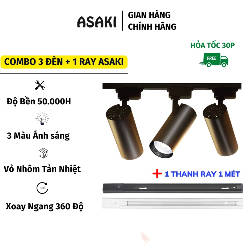 Đèn Led Rọi Ray ASAKI COMBO 3 Đèn 1 Thanh Ray Trang Trí Shop Siêu Sáng Siêu Bền