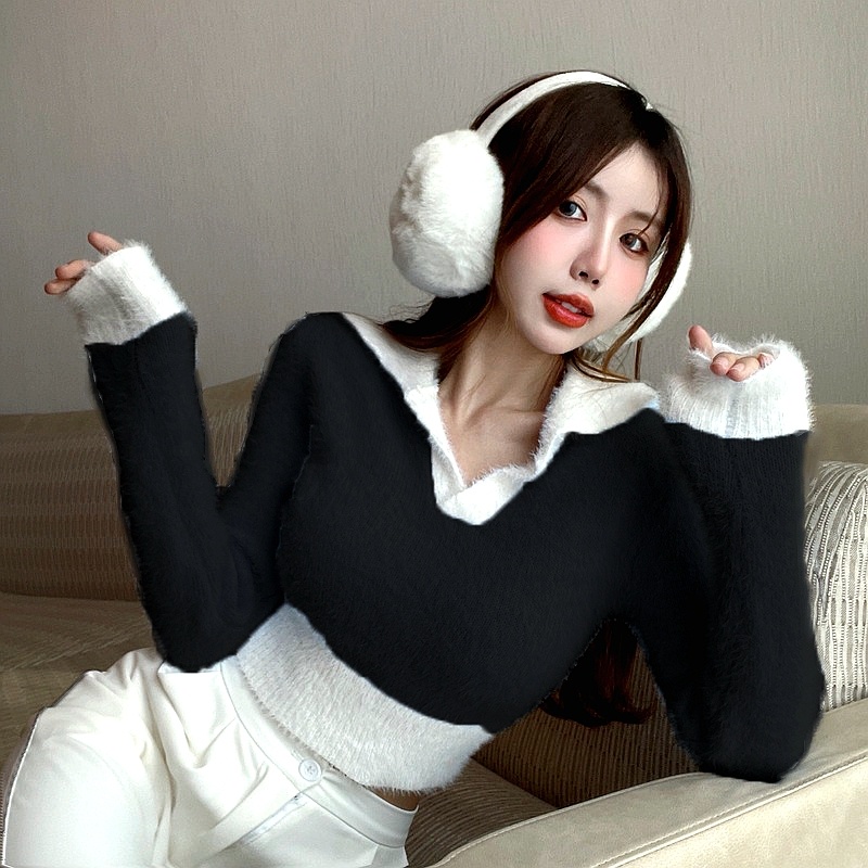 Áo polo Dệt Kim Phối Màu Tương Phản Thời Trang Mùa Đông Mới Cho Nữ