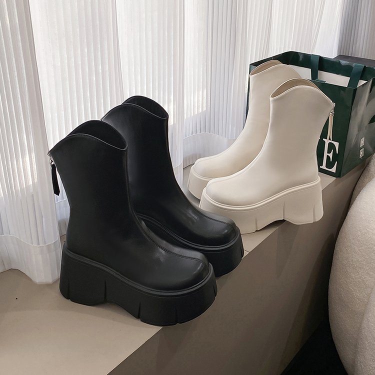 Giày Bốt Cao Gót Cổ Ngắn Màu Trơn Có Khóa Kéo Sau Lưng 24H