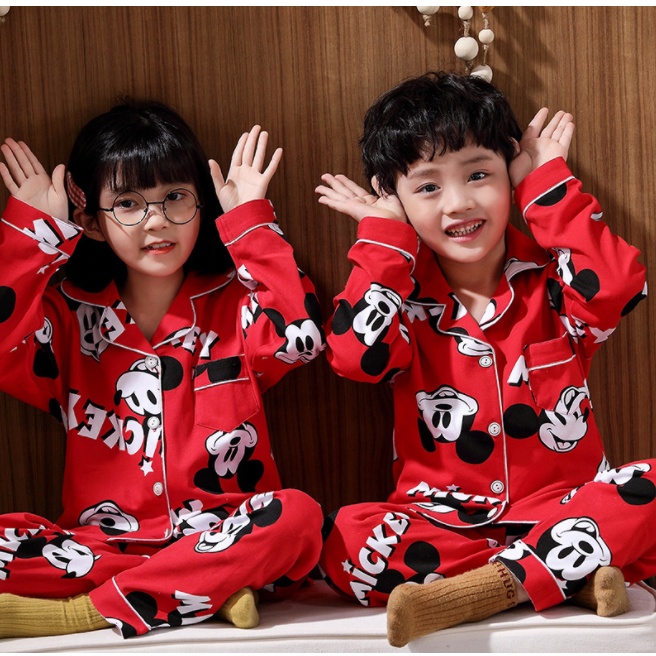 ✅ Pizama Cotton Đũi Nhật Bản Mickey đỏ CD10 tay dài trẻ em đồ ngủ| đồ đi chơi bé trai gái