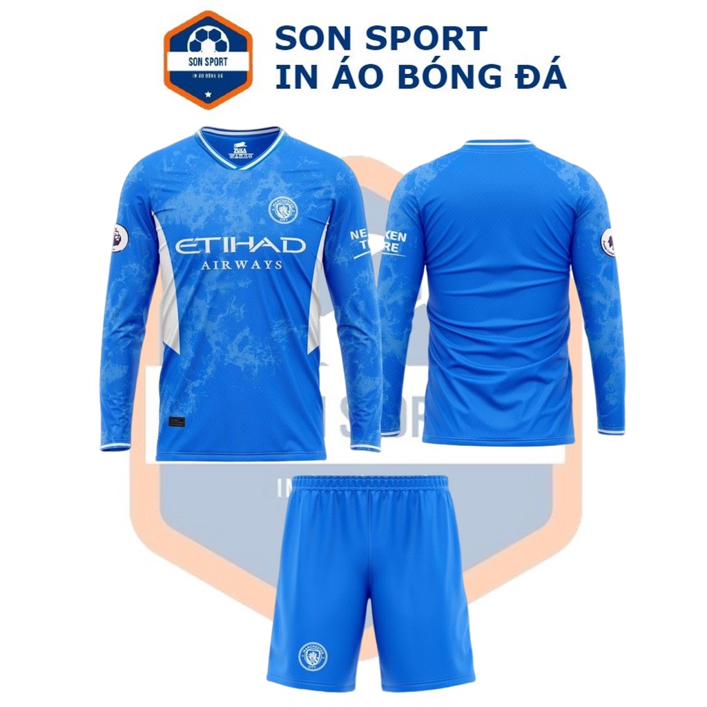 Bộ quần áo bóng đá Dài tay Thun thái CLB Manchester City xanh, trắng, đen