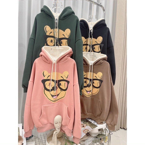 Áo Hoodies Nữ Gấu Đeo Kính Vải Nỉ Dày 2 Nón Form Rộng Mặc Đẹp NEW UNISEX
