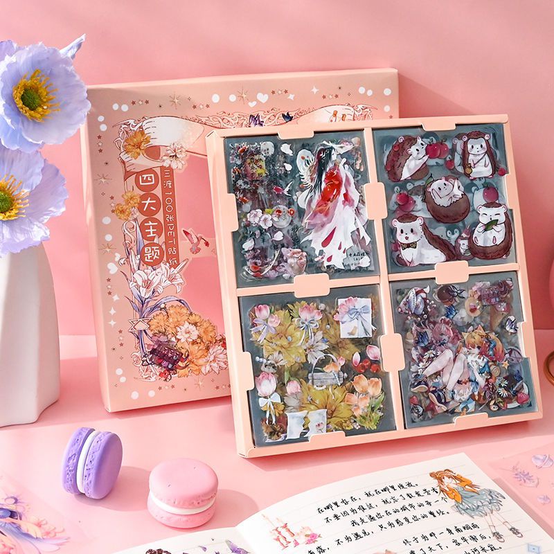 Hộp sticker 100 tấm nhiều hình khác nhau siêu rẻ.1000 miếng dán sticker 2D trang trí cô gái dễ thương, cổ trang, vintage