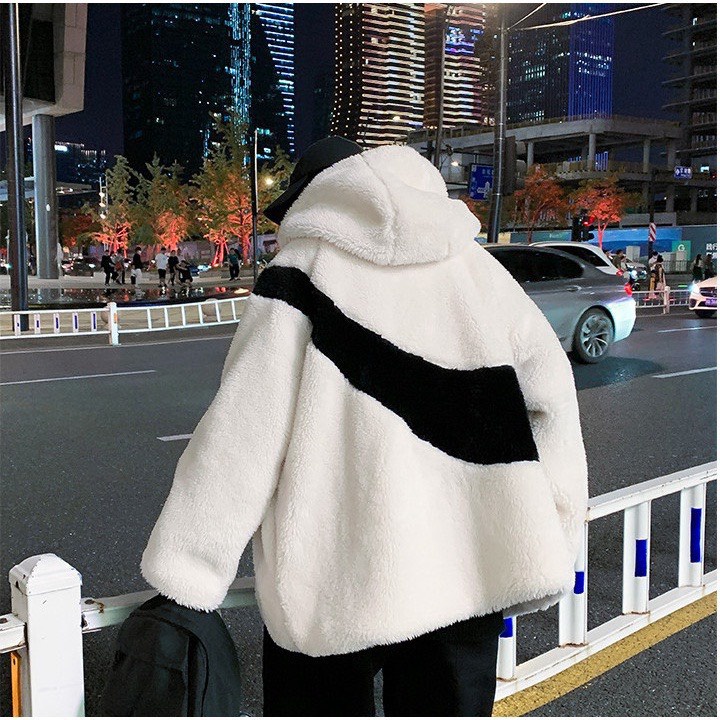 Áo Khoác Lông Trắng Có Mũ Họa Tiết - Áo Khoác Ngoài Form Rộng 2 Màu Unisex Hot HOT NEW