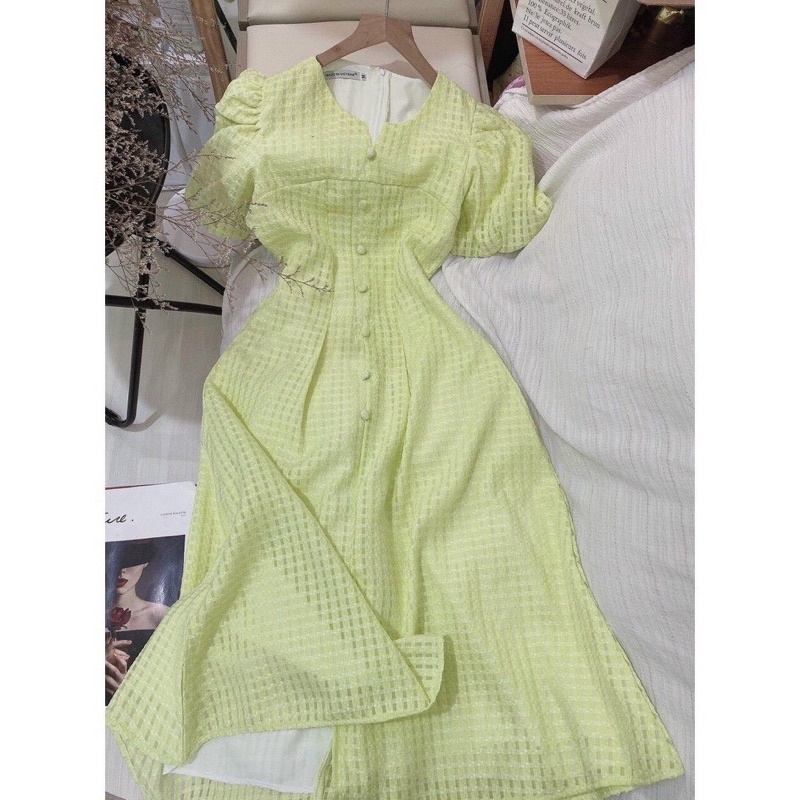 Đầm nhún xốp cổ tròn chất vải ô vuông 2 lớp Tara