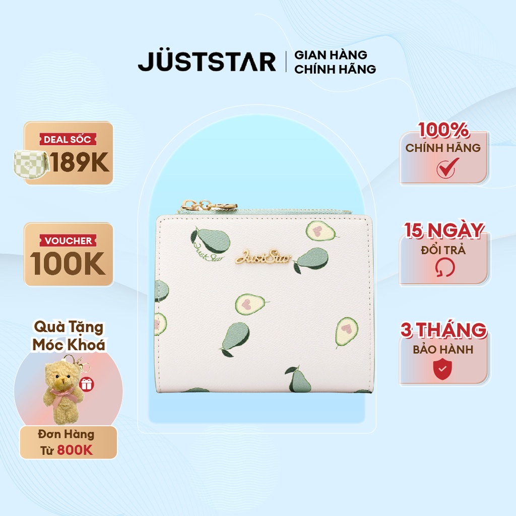 Ví Nữ Ngắn Cầm Tay Mini JUST STAR DU070680-07 - Trắng In Quả Bơ, Thiết Kế Nhiều Ngăn Đựng Tiền, Kiểu Dáng Dễ Thương