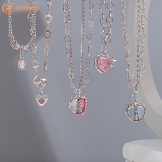 Image of Pearl Crystal Necklace Opal Silver Chain Heart Pendant for Women Jewelry Accessories
