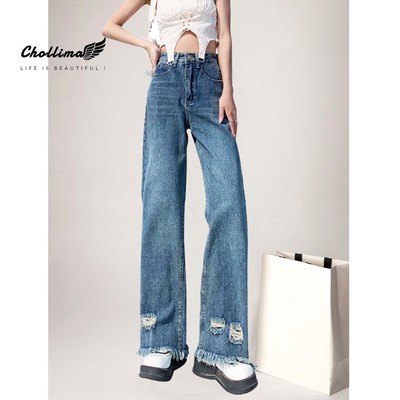 Quần baggy jeans nữ Chollima ống rộng SIMPLE JEAN tua lai rách dài 101cm QD253 phong cách hàn quốc