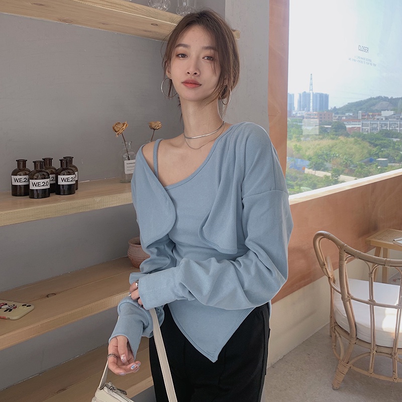 SUXI Áo Croptop Tay Dài Màu Sắc Thanh Lịch Phong Cách Hàn Quốc