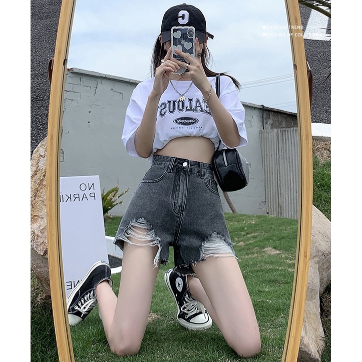 Quần Short Denim Ống Rộng Lưng Cao Phong Cách Hàn Quốc Dành Cho Nữ， Quần Sọt Jean Nữ