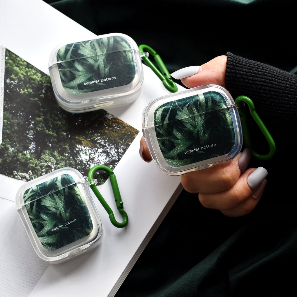 Vỏ Bảo Vệ Hộp Sạc Tai Nghe Bluetooth AirPods 1 2 gen3 Pro2 2022 Bằng TPU + PC Trong Suốt Họa Tiết Lá Xanh Nhỏ Xinh Kèm Móc Chống Rơi Tiện Dụng