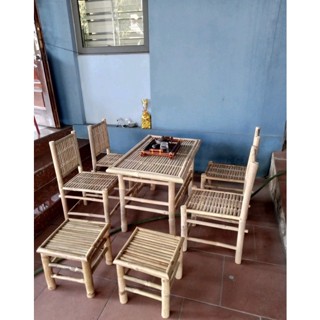 BỘ BÀN GHẾ TRE CHO QUÁN ĂN,TRANG TRÍ(1bàn chân cố định55*90+4 ghế tựa thẳng +2ghế đôn)