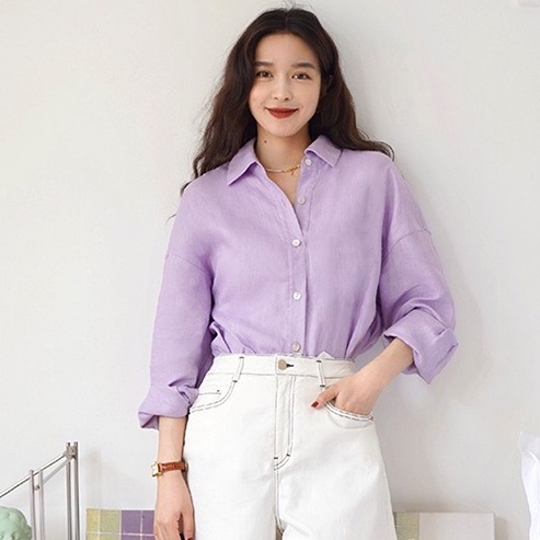 Áo sơ mi nữ form rộng Linen Premium rơt vai trẻ trung xinh xắn (Tím nhạt)