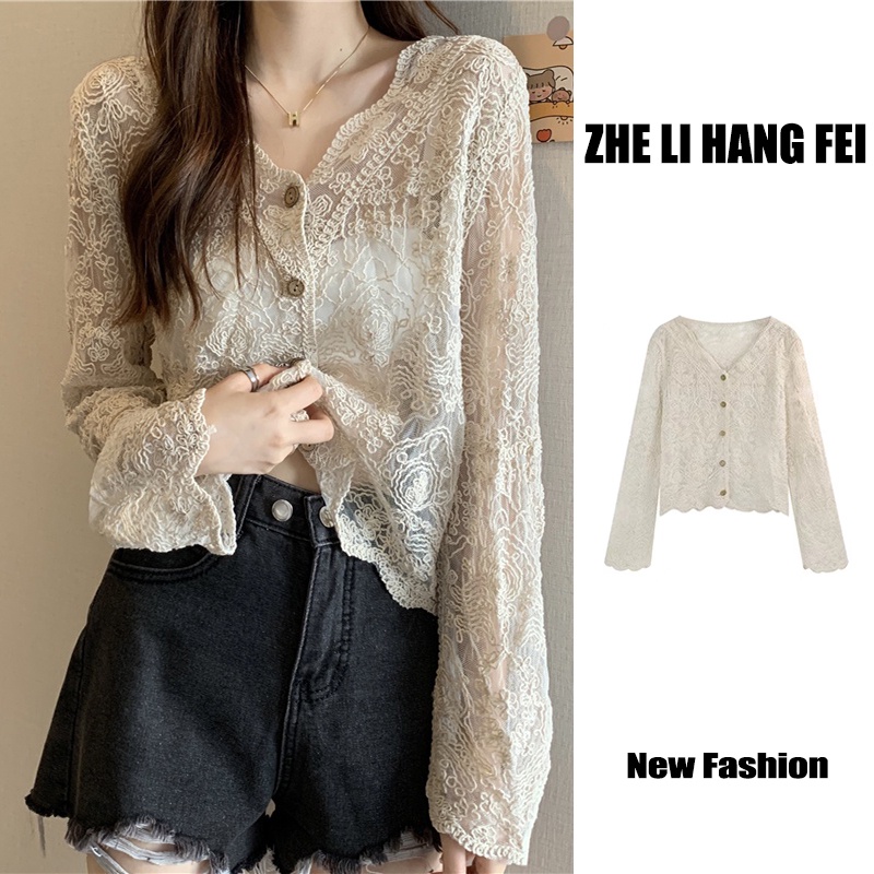 Áo chống nắng ZHELIHANGFEI dáng rộng họa tiết ren đục lỗ thời trang