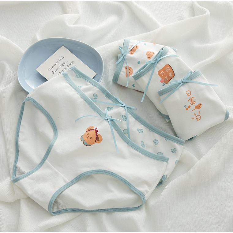 Quần Lót Nữ UNDERCOOL Cotton Phối Nơ Tông Trắng Xanh Hoạ Tiết Dễ Thương