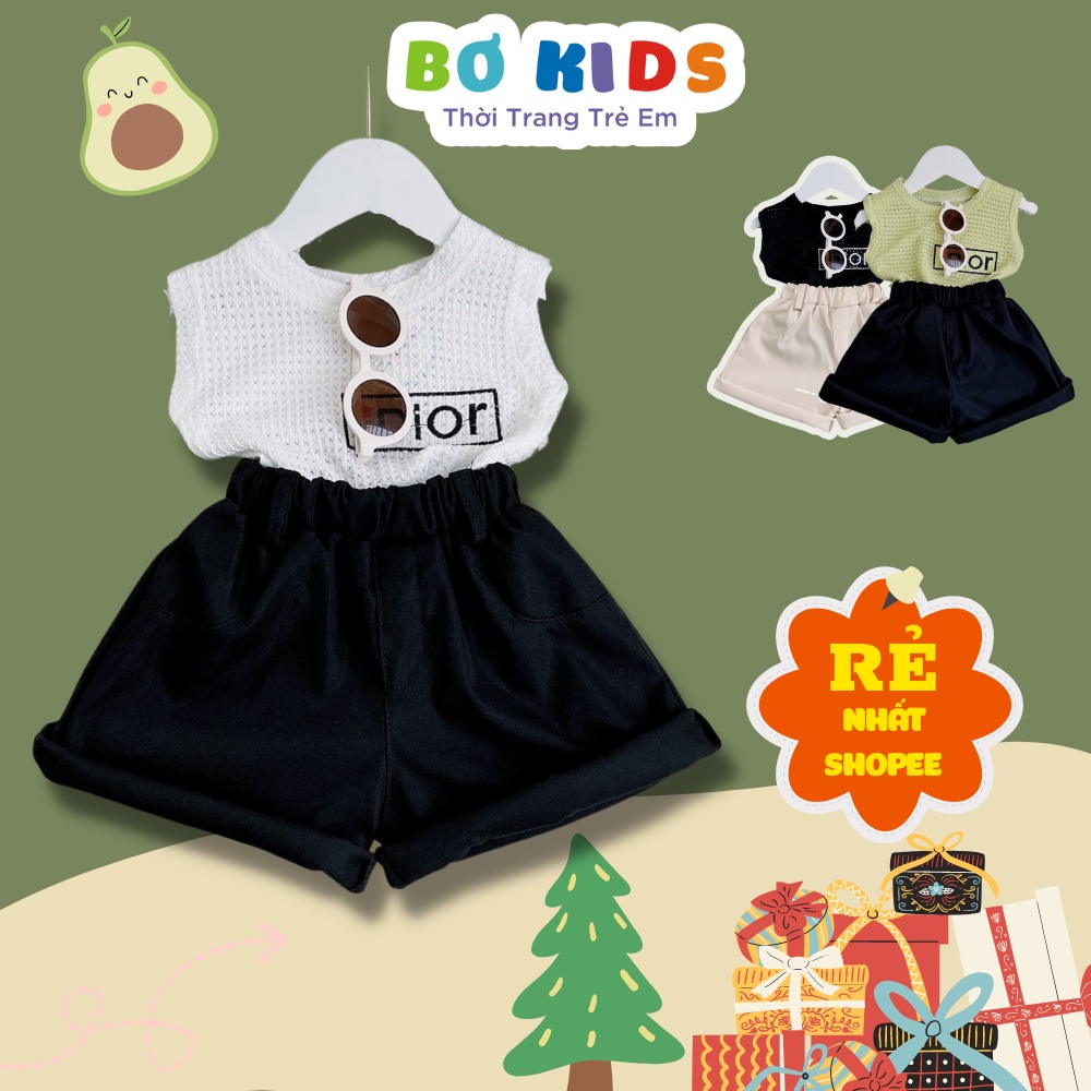Đồ Bộ Bé Gái - Áo Len Lưới Sát Nách Thêu Chữ Kèm Quần Sooc Kaki Sành Điệu DOBO066