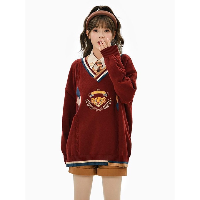 Áo Sweater Dệt Kim Màu Đỏ Phong Cách Preppy Cổ Điển Giáng Sinh Xinh Đẹp Cho Nữ