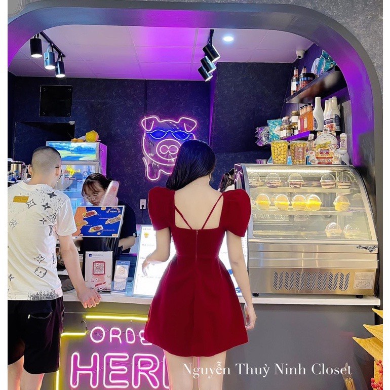 [12/12 Sale Fresship] Đầm chất nhung cổ vuông tay ngắn đi chơi dạo phối,đầm thời trang đi tiệc dáng xòe siêu xinh mtb