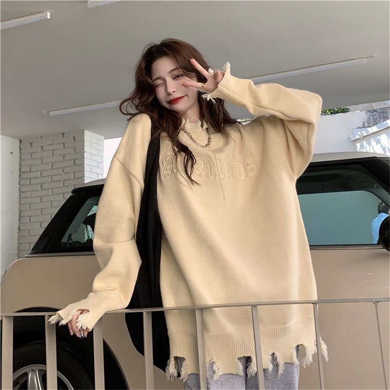 Jiashucheng Áo Sweater Cổ Lọ Dáng Rộng Thiết Kế Rách Phong Cách Mới Ngọt Ngào Cho Nữ