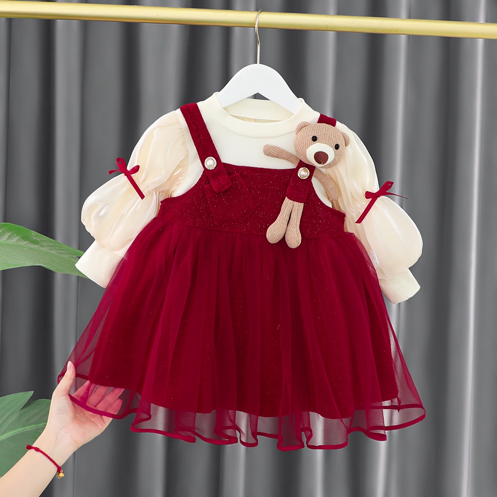 Váy Đàm bé gái SMUM,Váy Đầm 2 chi tiết kèm gấu cho bé model 2022