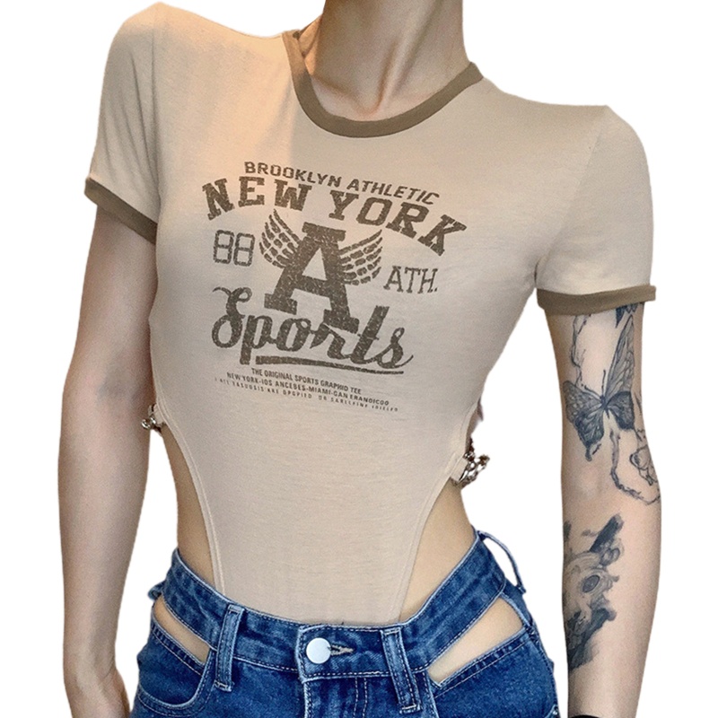 Brroa Bộ Áo Liền Quần Tay Ngắn Ôm Dáng In Chữ Leotard Bên Hông Khoét Lỗ Phối Dây Xích Kim Loại Kiểu Vintage