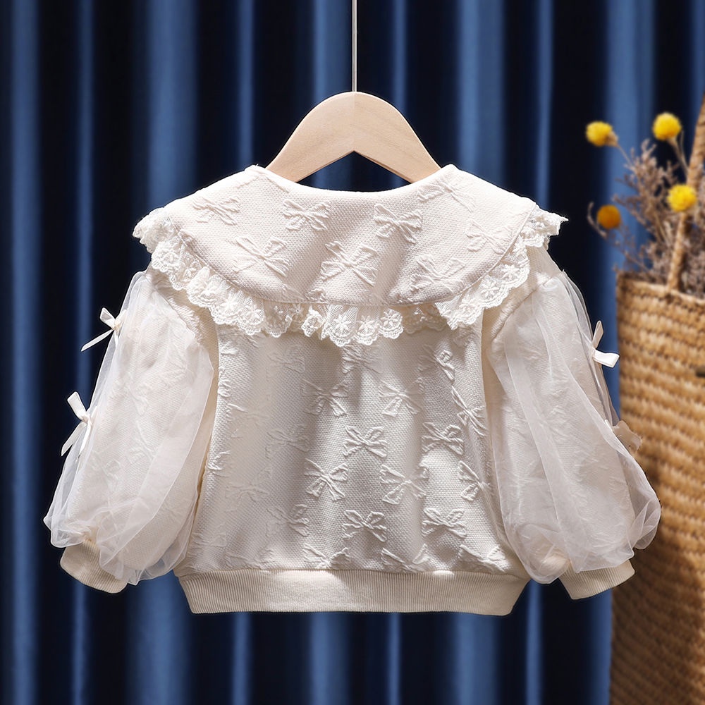 Áo Sơ Mi Tay Dài Cổ Búp Bê Phối Ren Dễ Thương Phong Cách Hàn Quốc Cho Bé Gái