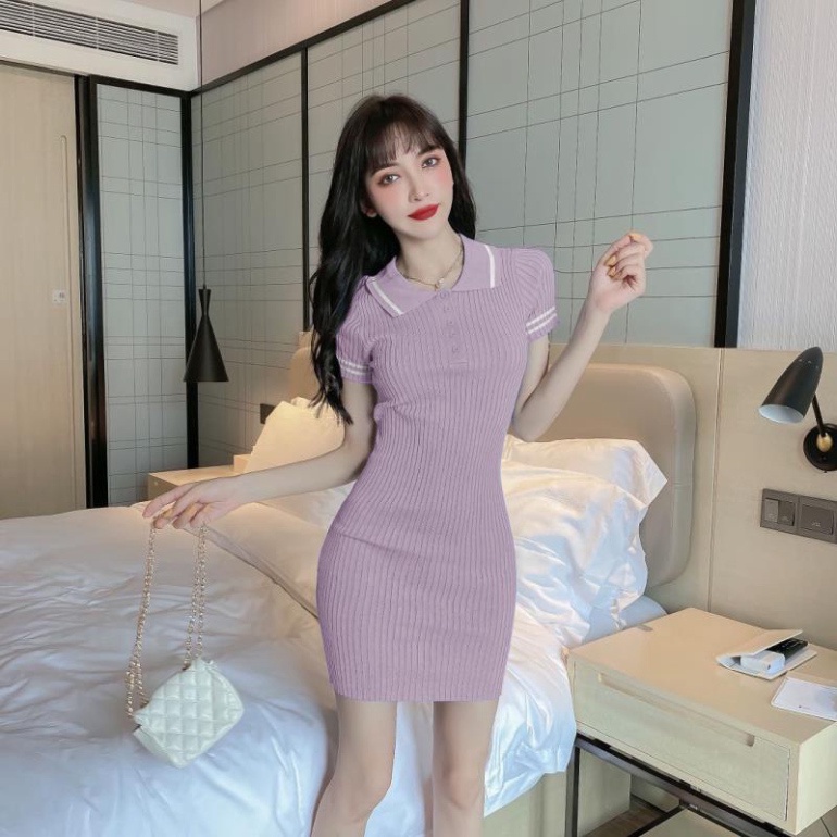 Váy len polo Body nữ dáng ôm tay ngắn cổ bẻ dệt kim co giãn 4 chiều phong cách Hàn Quốc S5T5-1CS
