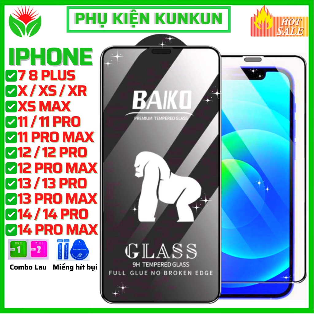 Kính cường lực iphone Baiko 14 pro max 13 pro max 12 pro max 11 pro max xs max xr x 7 plus 8 plus - Full màn [BAIKO]
