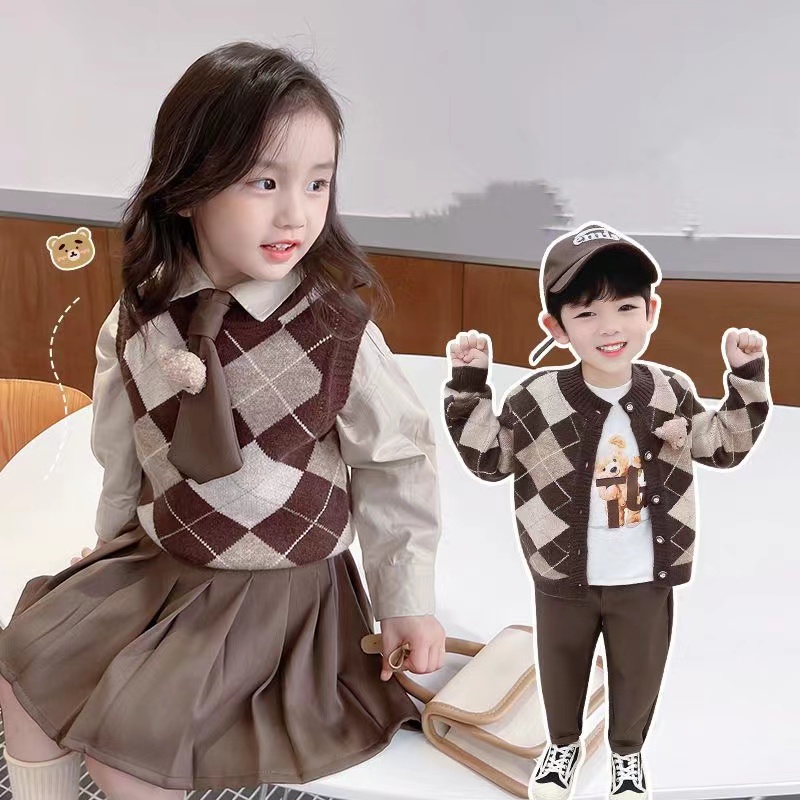Áo Sweater Dệt Kim Kẻ Sọc Ca Rô Thời Trang Mùa Thu Cho Bé 1-7 Tuổi