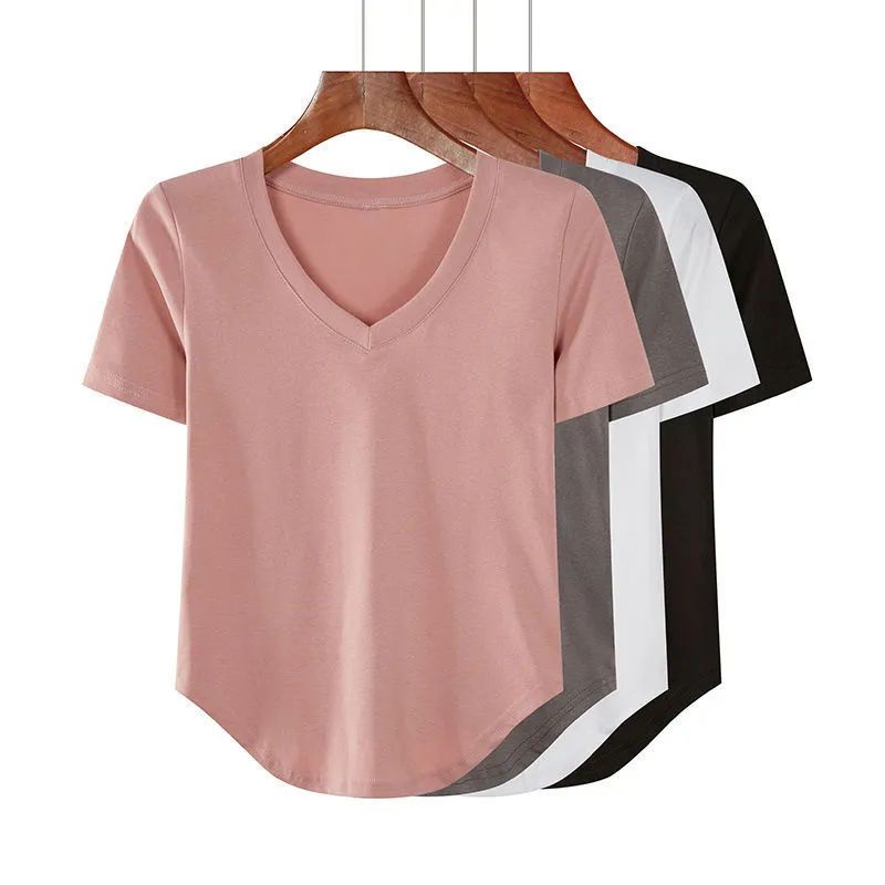 Áo Thun cotton Mỏng Cổ Chữ V Màu Trơn Viền Đuôi Bồ Câu Cho Nữ